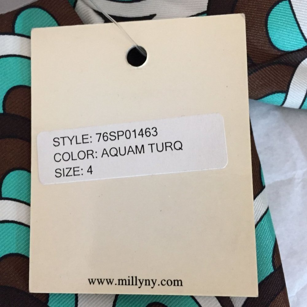 Milly New York Dress Size 4 Seafoam Green Brown White Print Silk Faille Womens - Picture 10 of 12